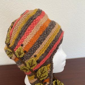 Newari - Wool Hand Knit Vine Earflap Hat - New